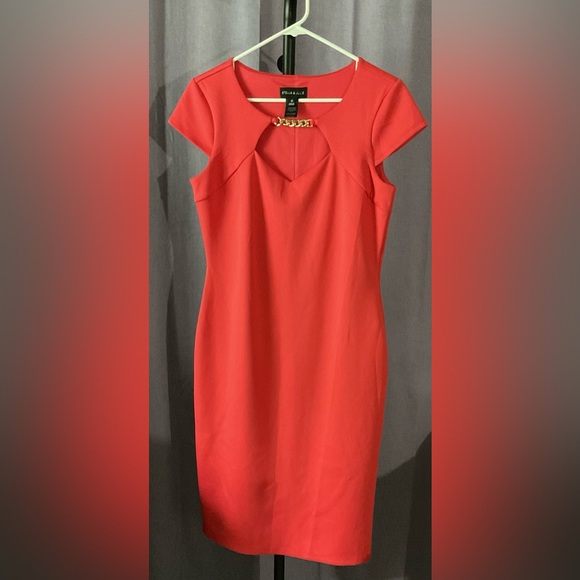 Stella & Julie Dresses & Skirts - Coral Sheath Midi Dress with V-Neck and Flutter Sleeves